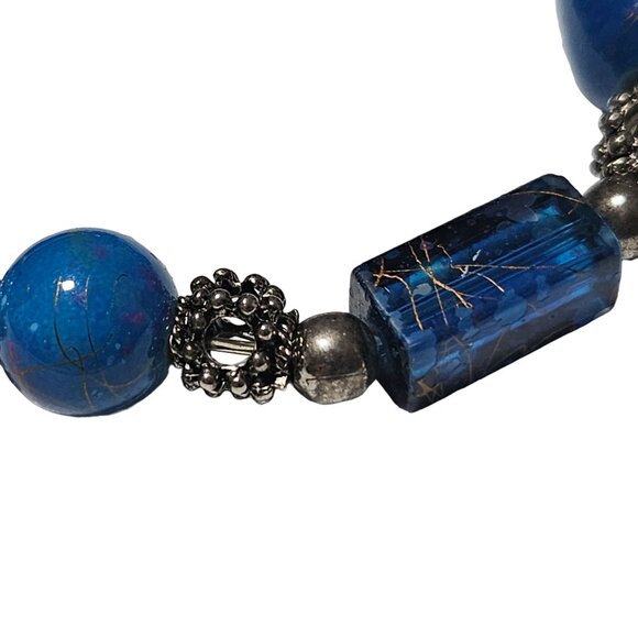Elegant Handcrafted Blue Beaded Silver Tone Chunky Statement Bracelet Jewelry - Picture 2 of 3